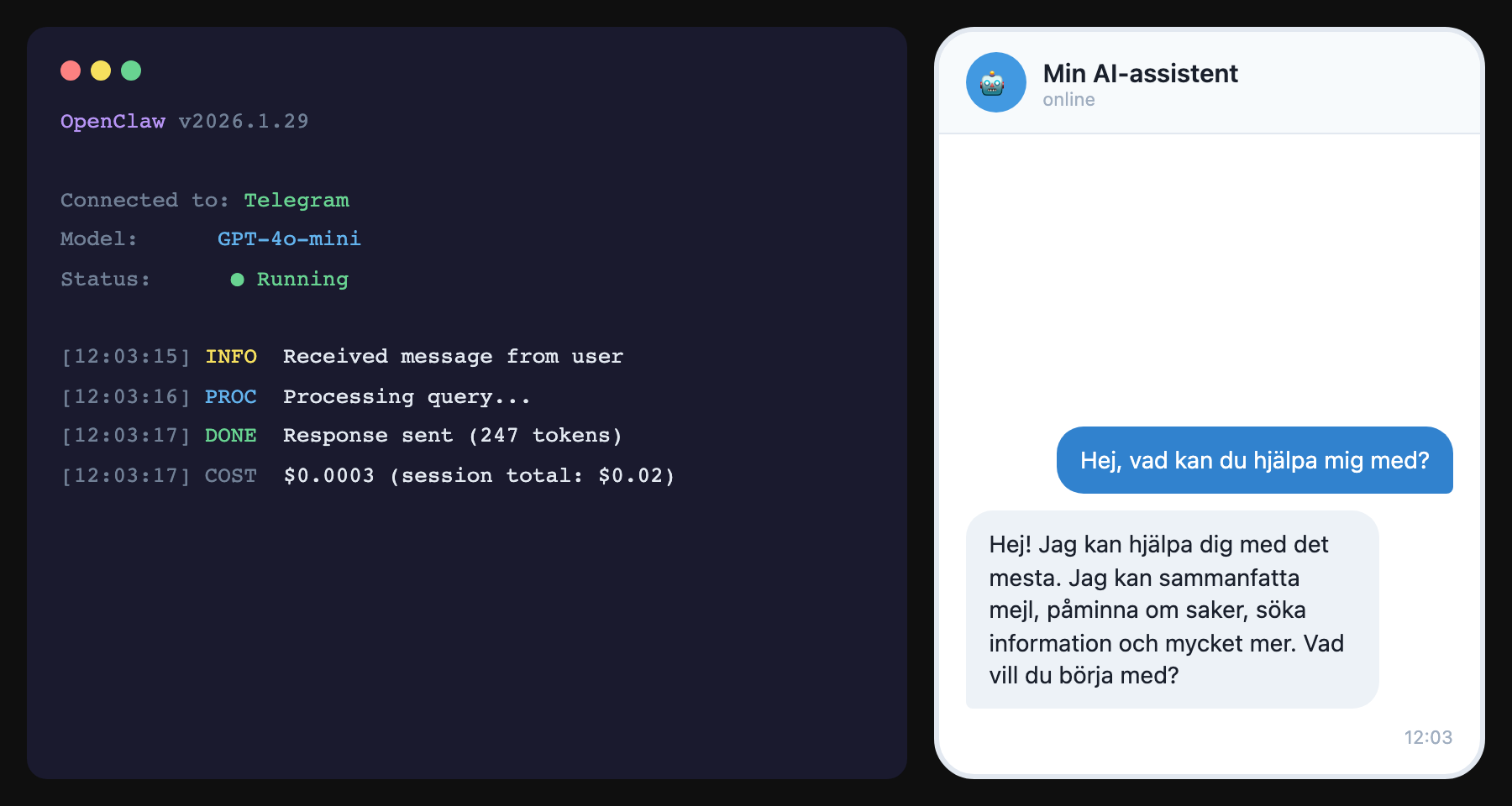 OpenClaw terminal och Telegram-bot