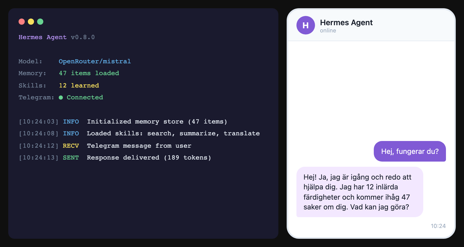 Hermes Agent i terminalen och Telegram