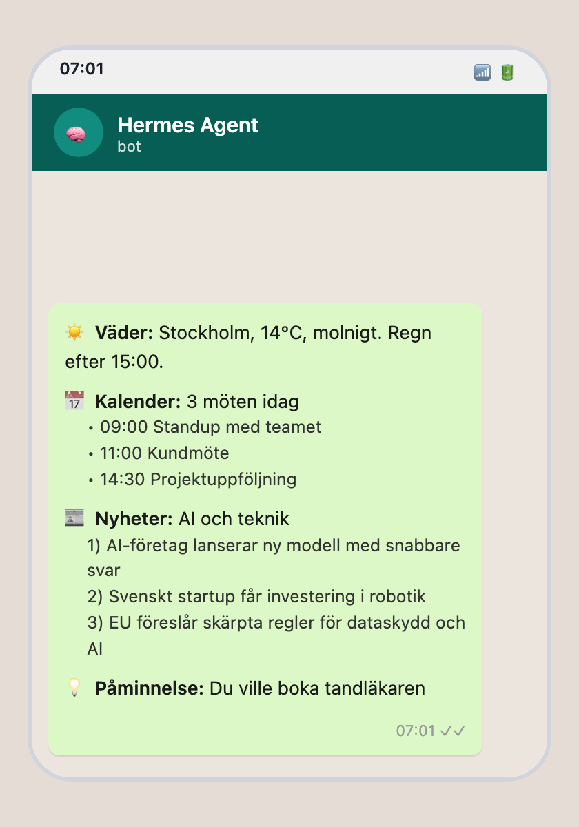 Daglig briefing från Hermes Agent i Telegram